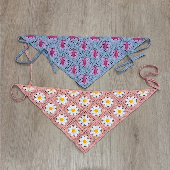 Accessories - Crochet Bandana Set - Pink and blue gray